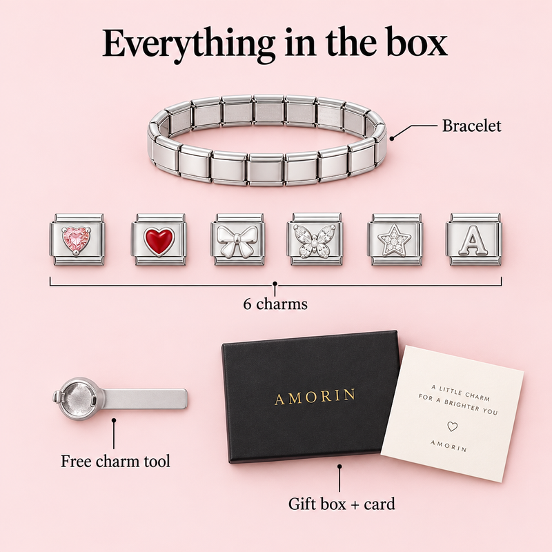 Everything in the box: bracelet, 6 charms, charm tool, gift box and card