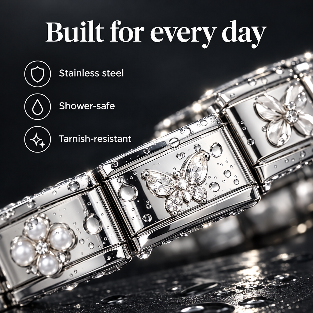 Stainless steel, shower-safe, tarnish-resistant charm links