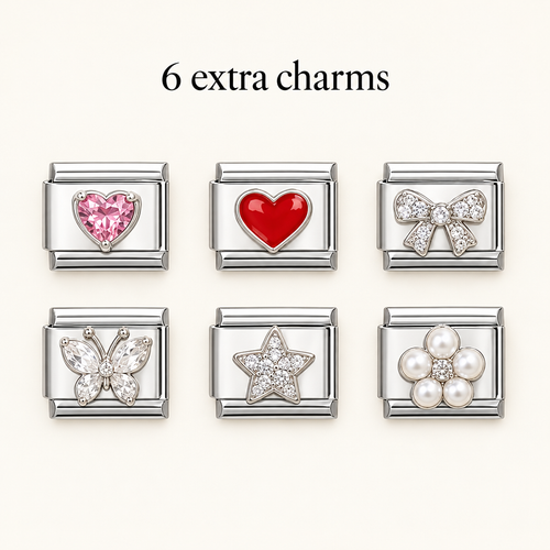 Six extra Italian charms: hearts, bow, butterfly, star and pearl flower