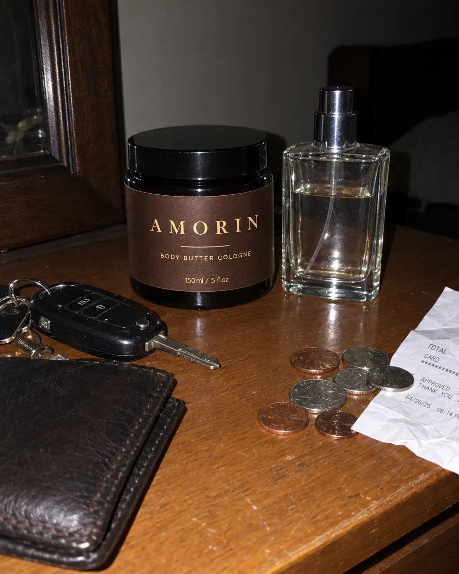 Amorin jar next to a cologne bottle